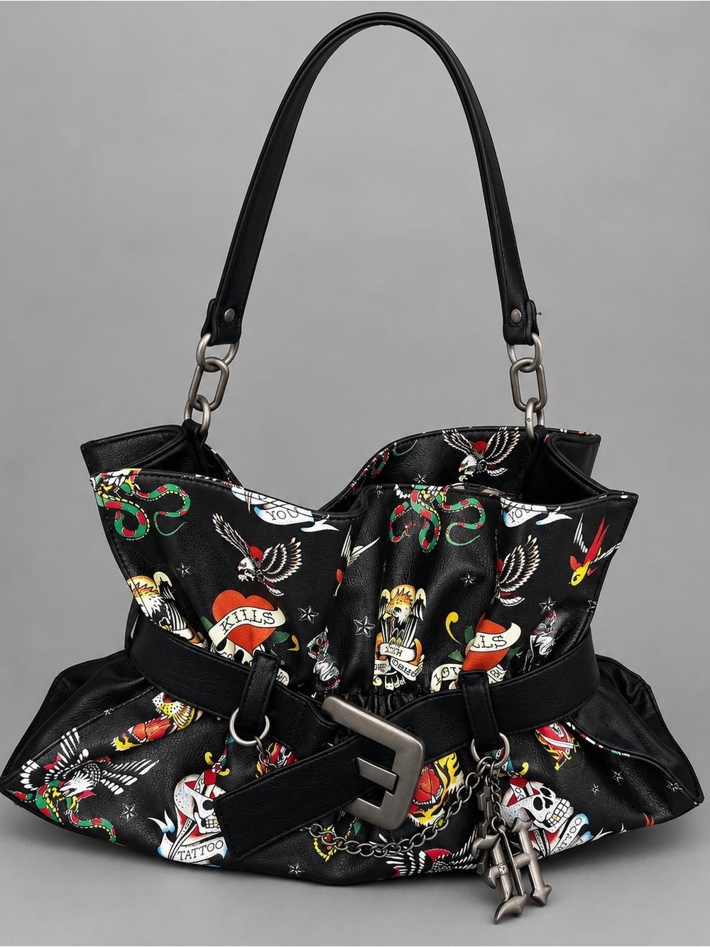 Ed Hardy Black Tattoo Skull Crescent Magnetic Lined Inner Pockets Shoulder Bag
